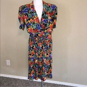 Vintage 80s Bright Floral Belted Midi Dress Petite
